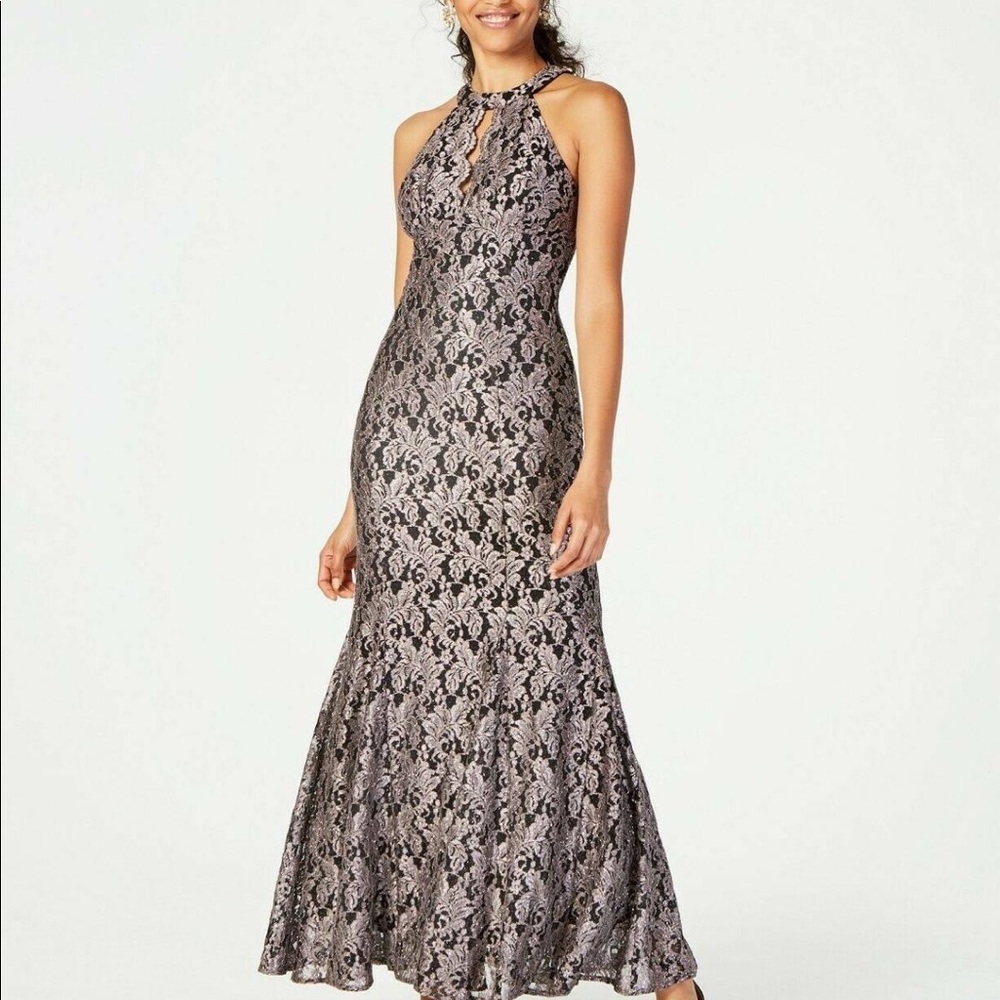 Black, formal, long gown dress w/ silver lace (has a lavender/grayish undertone)